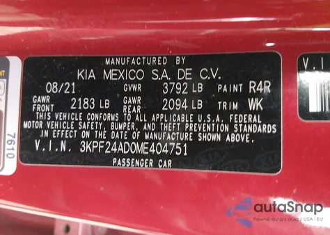 2021 Kia Forte Lxs z USA, uszkodzony, nr VIN 3KPF24AD0ME404751